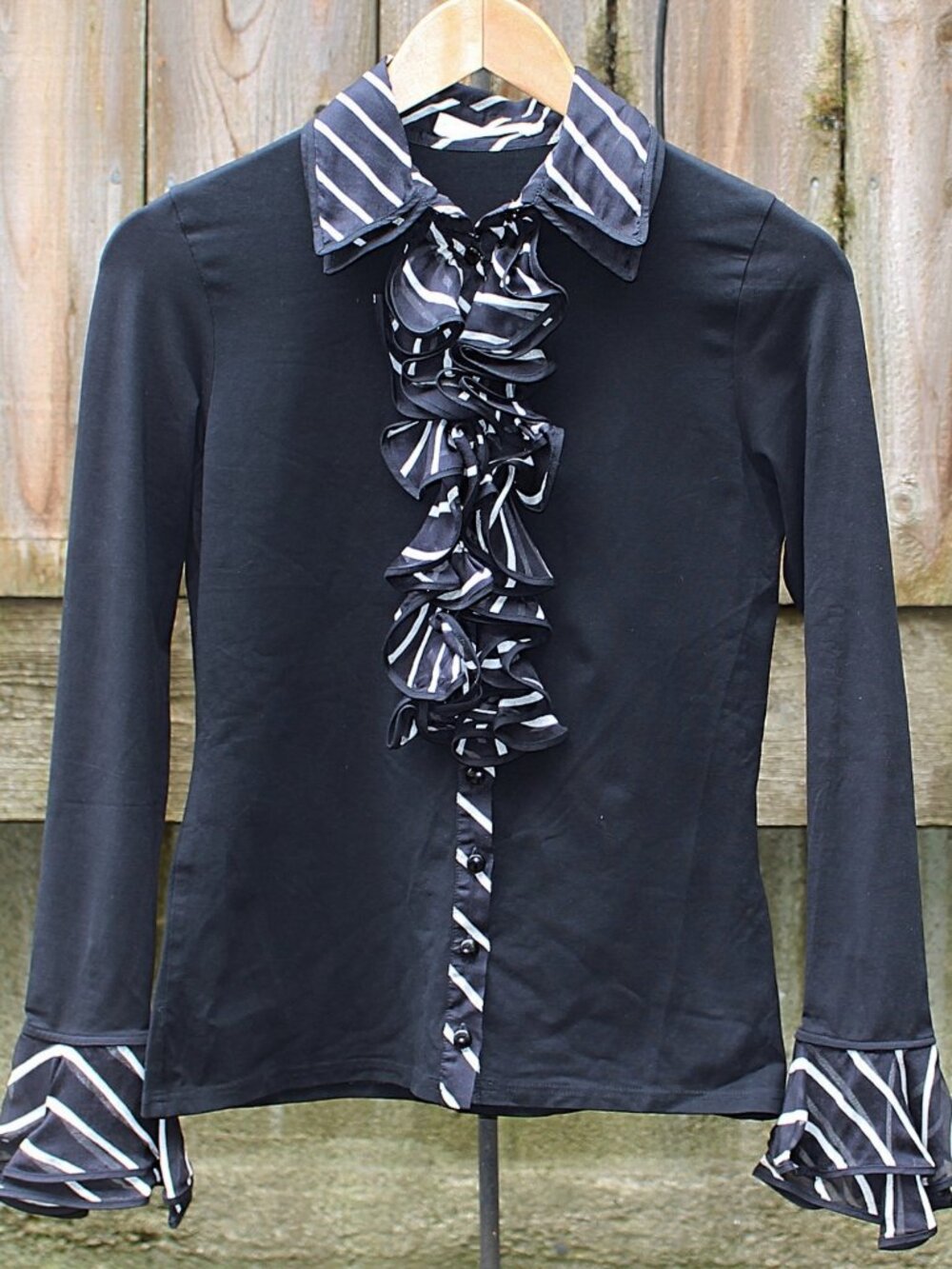 Anne Fontaine - "Collette" Ruffle Blouse in Black Jersey with Silk Ruffle, sz 40
